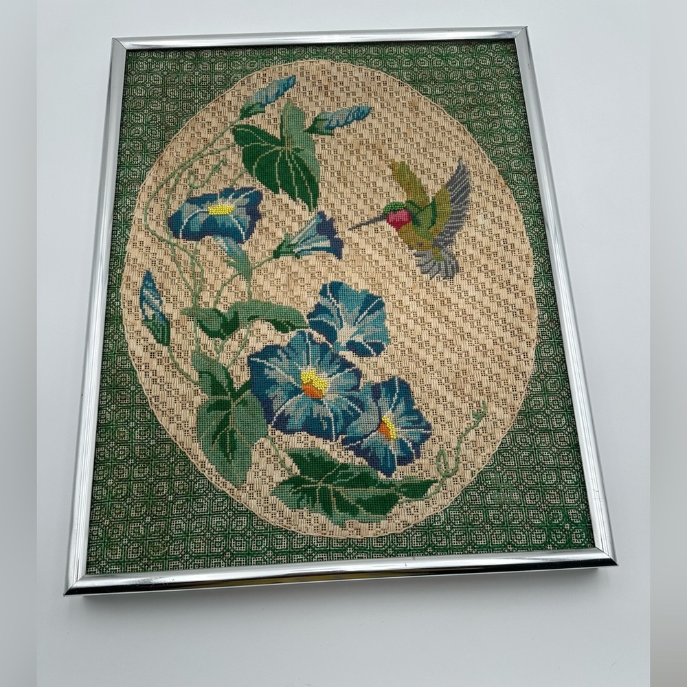 Vintage Hummingbird and Morning Glory Embroidery Needlepoint Wall Art